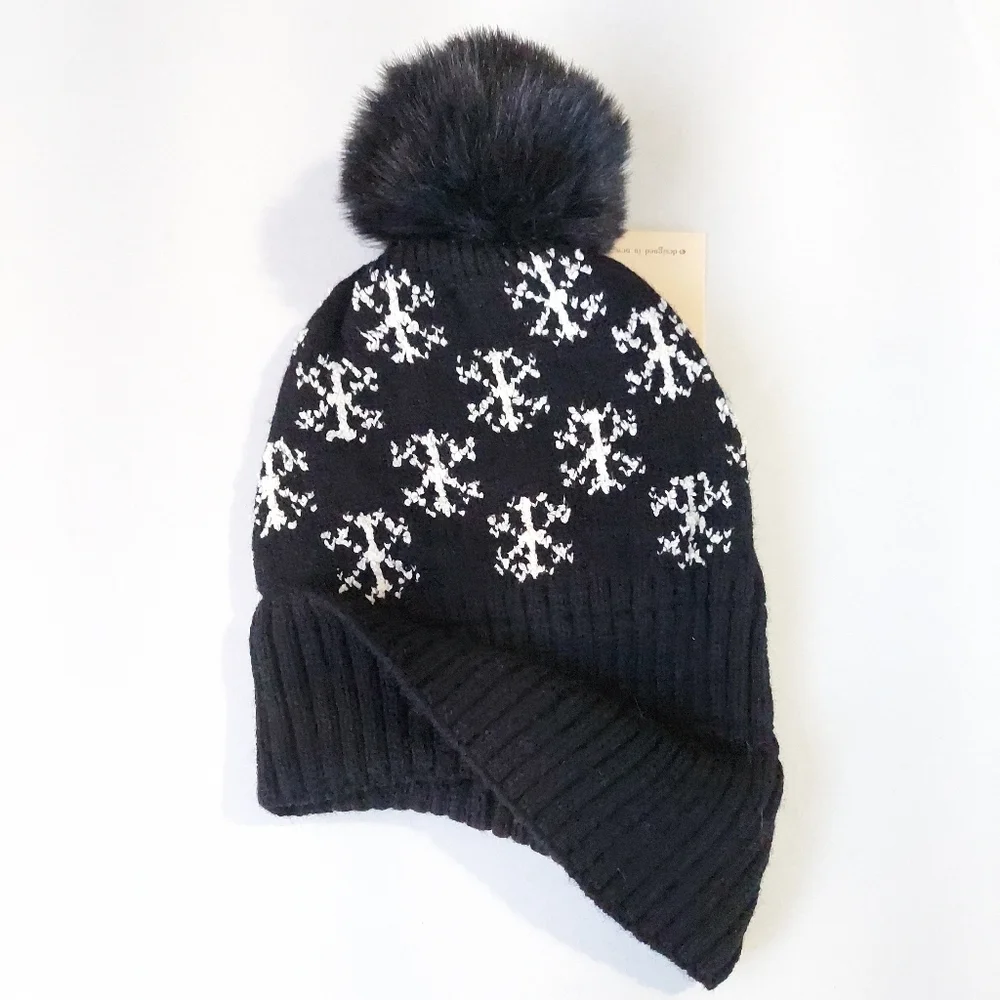 Beanie Hat Black Womens Knit Hat Winter New Beanie Warm Lined Faux Fur Pompom